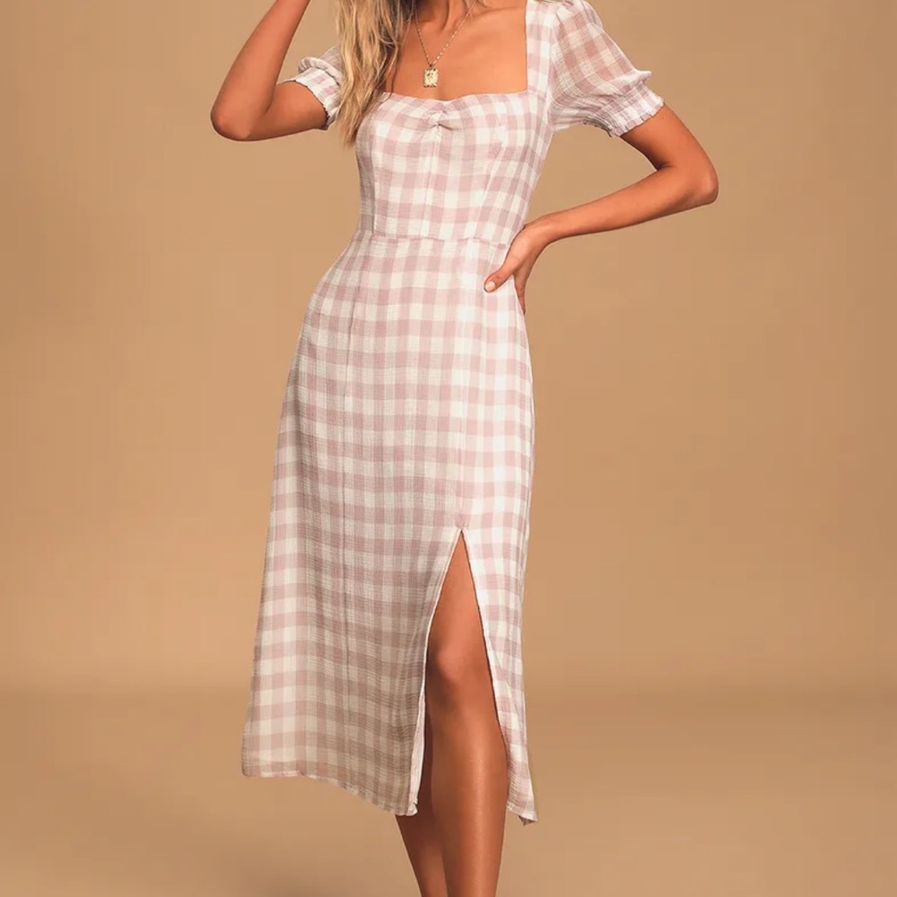 Lulu’s Soft Side of Love Mauve Purple Gingham Puff Sleeve Midi Dress